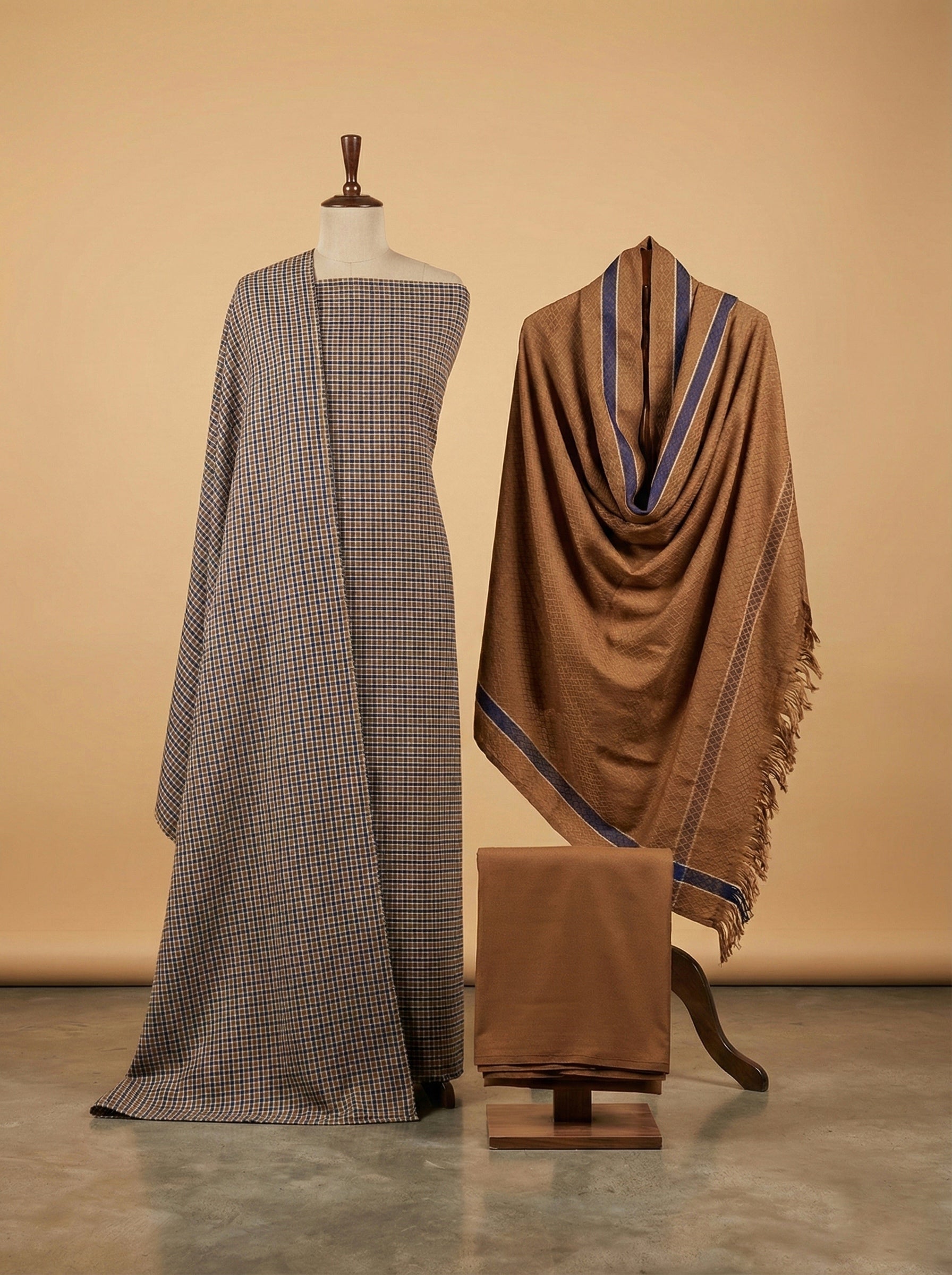 Camel & Cobalt: Charsadda Wool 3-Piece Unstitched Suit