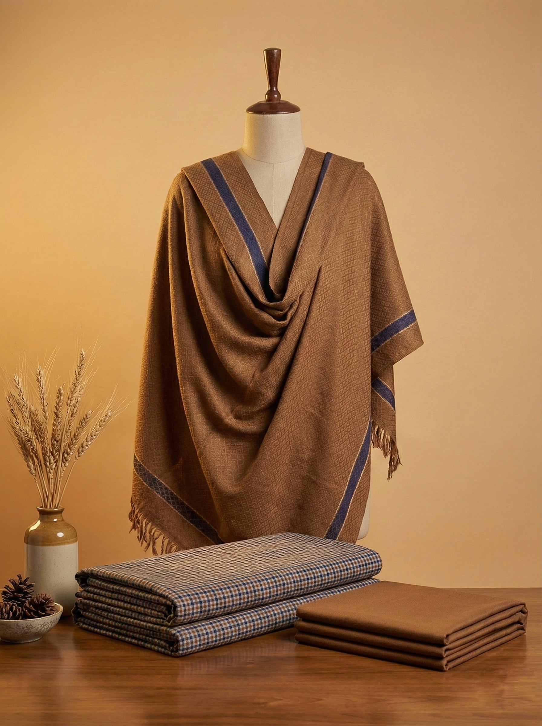 Camel & Cobalt: Charsadda Wool 3-Piece Unstitched Suit